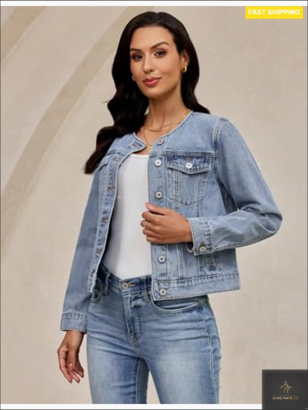 Collarless Denim Jacket Crew Neck Button Front Casual Western Style - Picture 3 of 7